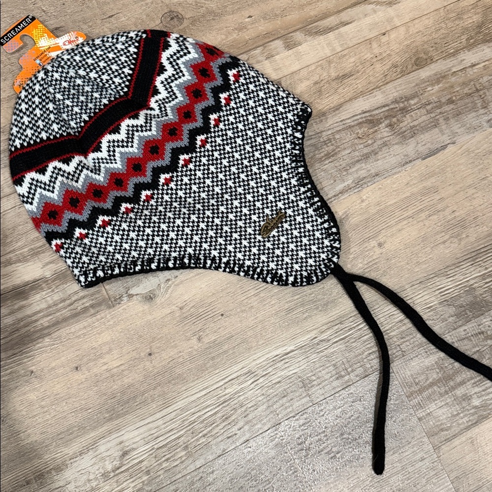 Cozy Screamer Knit Hat with Tassels - Black, White, Red